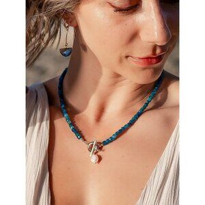 Blue Apatite Gemstone Necklace Gold Toggle Clasp Removable Baroque Pearl